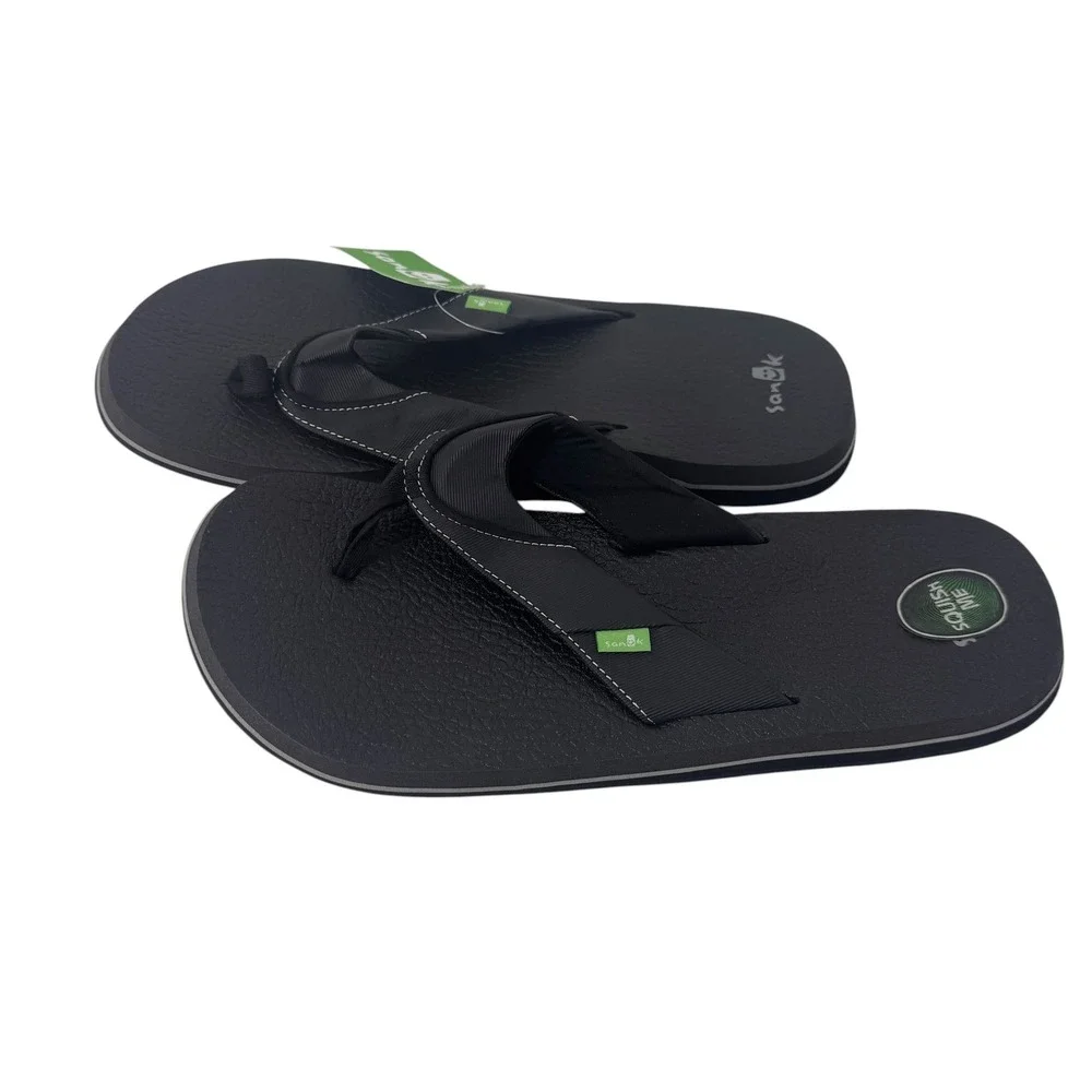 Sanuk Beer Cozy Mens Black Flip Flop Sandals Yoga Mat Footbed BLK Sz 12 NWT
